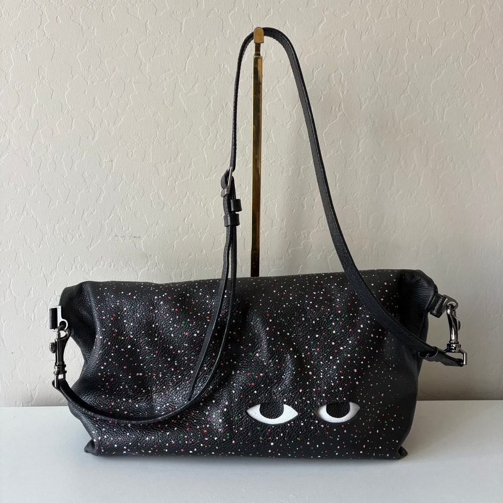 Min & Mon New York Black Leather Splatter Eye Foldover Clutch Crossbody Bag